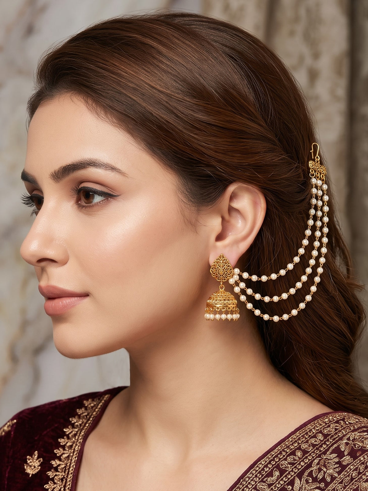 Gold Plated 3 Layered White Pearl Ear Chain