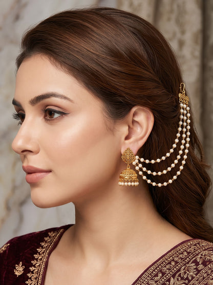 Gold Plated 3 Layered White Pearl Ear Chain
