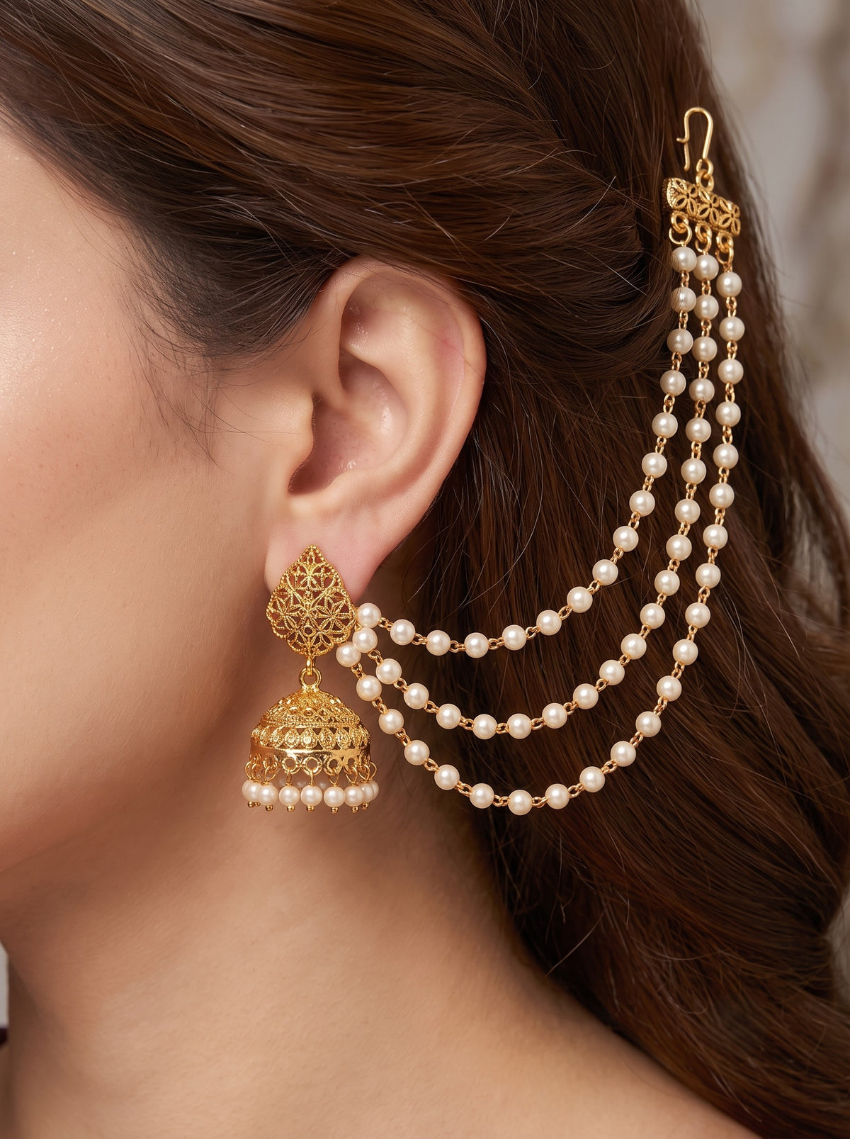 Gold Plated 3 Layered White Pearl Ear Chain