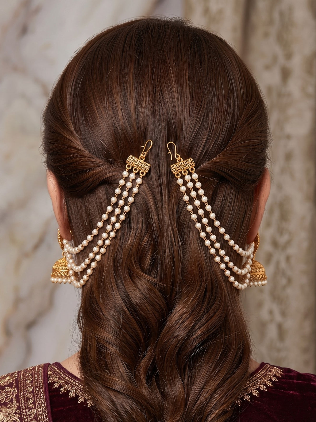 Gold Plated 3 Layered White Pearl Ear Chain