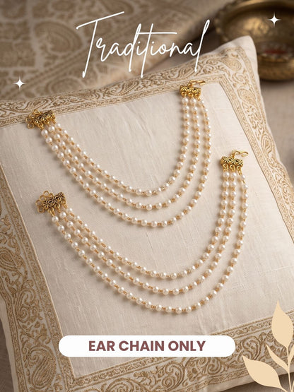 Gold Plated 3 Layered White Pearl Ear Chain