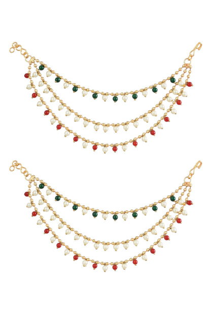 Gold Plated Multi Layered Red and Green Pearl Ear Chain