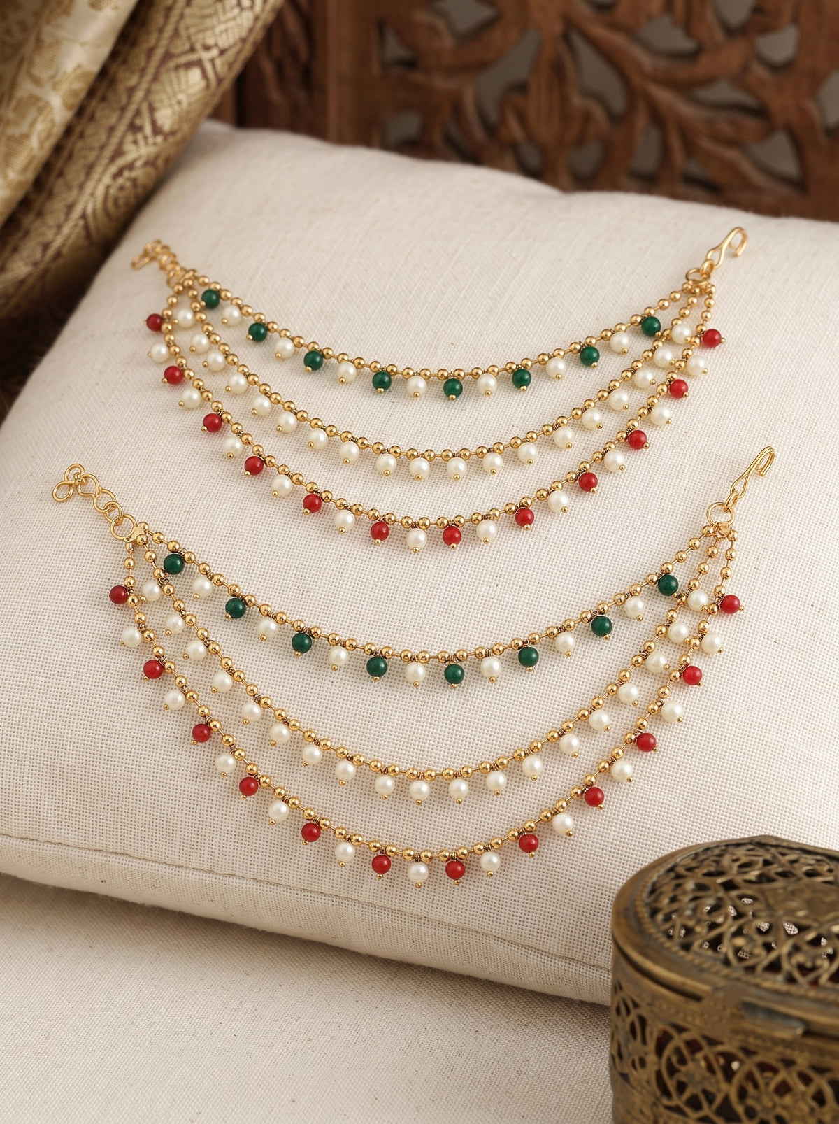 Gold Plated Multi Layered Red and Green Pearl Ear Chain