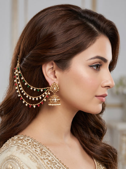 Gold Plated Multi Layered Red and Green Pearl Ear Chain