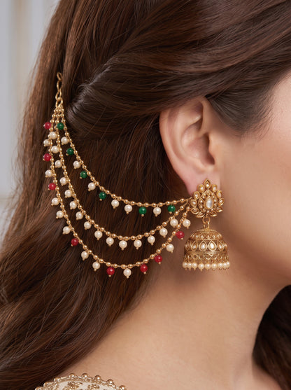 Gold Plated Multi Layered Red and Green Pearl Ear Chain