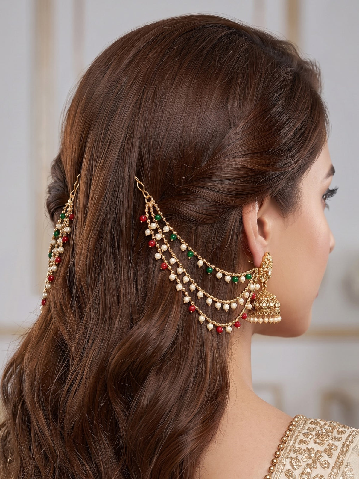 Gold Plated Multi Layered Red and Green Pearl Ear Chain