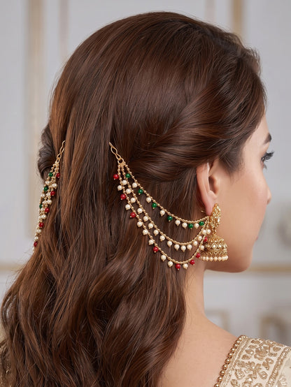 Gold Plated Multi Layered Red and Green Pearl Ear Chain