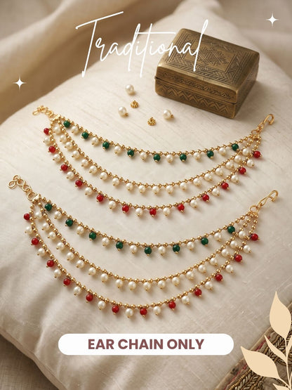 Gold Plated Multi Layered Red and Green Pearl Ear Chain