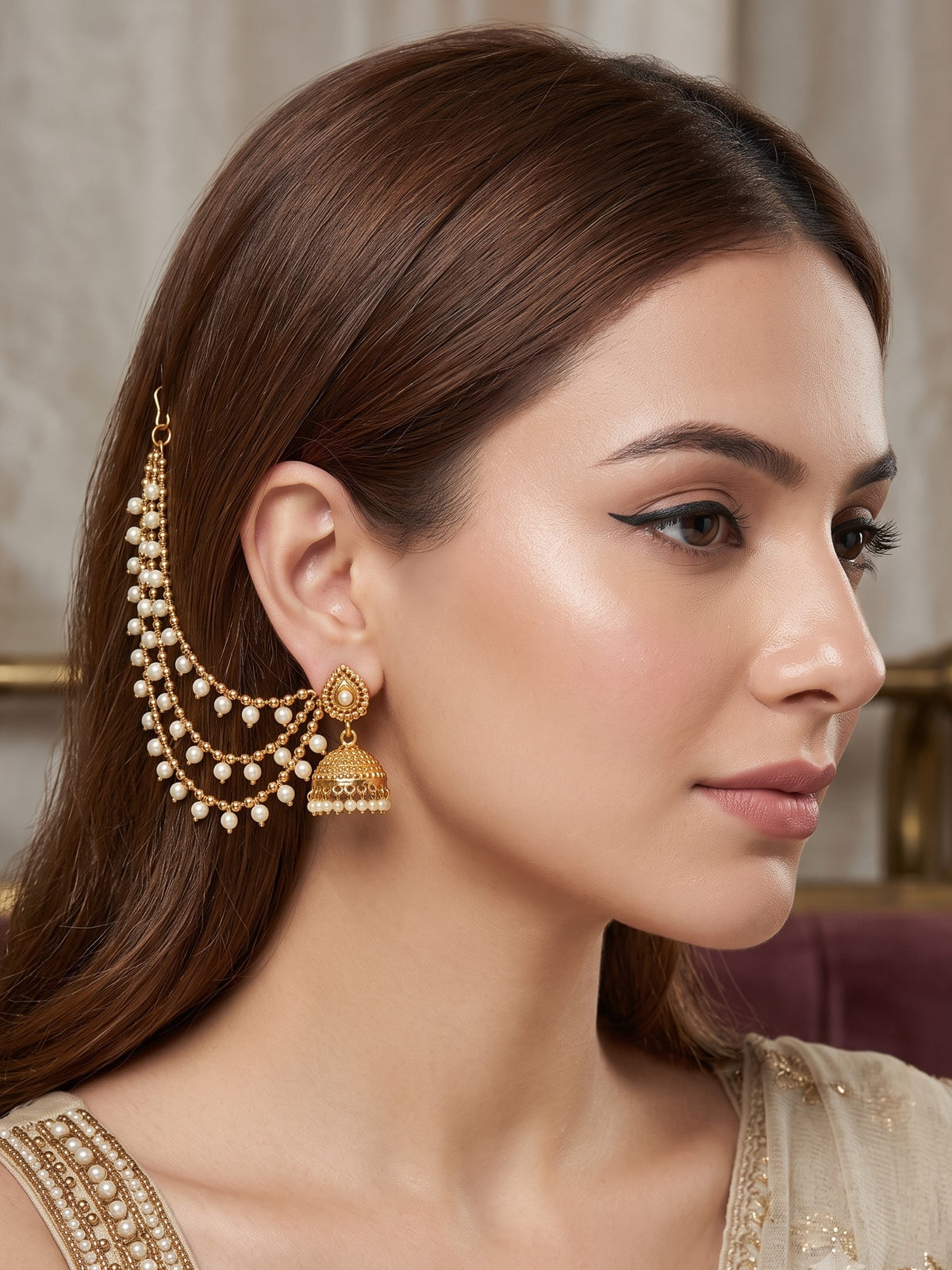 Traditional Multi Layered White pearl Ear Chain