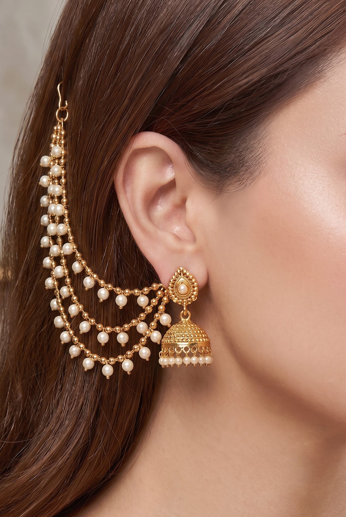 Traditional Multi Layered White pearl Ear Chain
