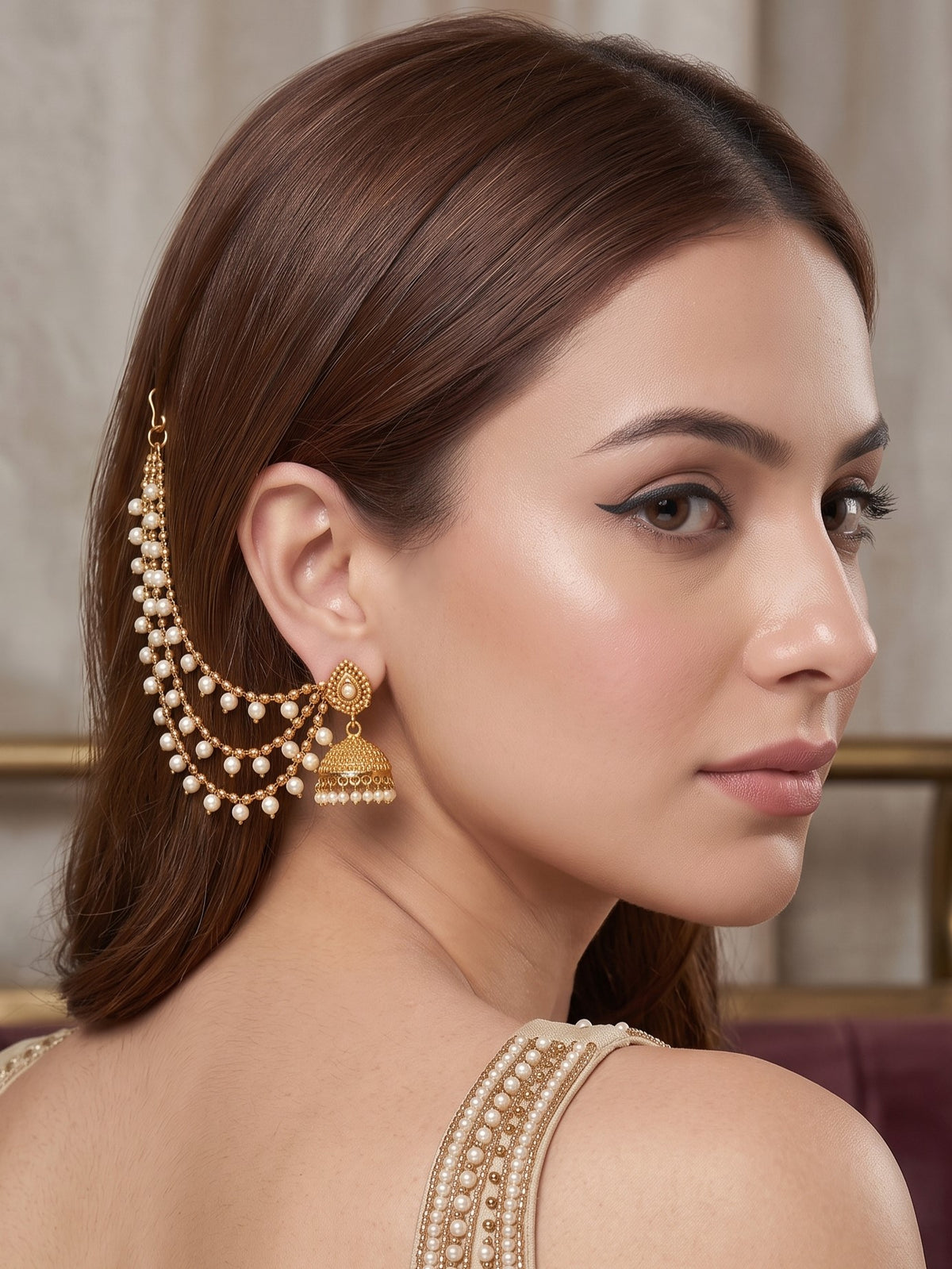 Traditional Multi Layered White pearl Ear Chain