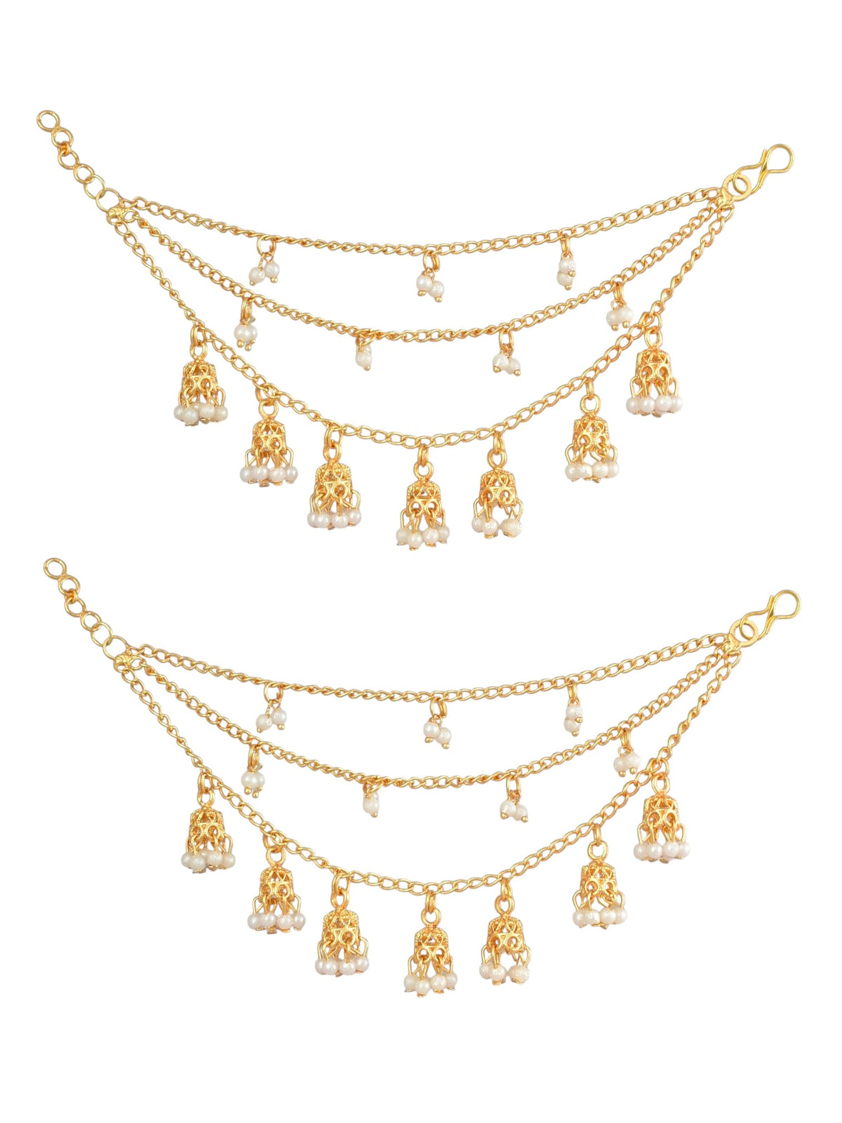 Gold-Plated White Pearl and attached jhumki 3 Layered Ear Chain for women