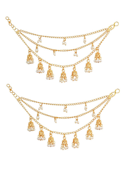 Gold-Plated White Pearl and attached jhumki 3 Layered Ear Chain for women