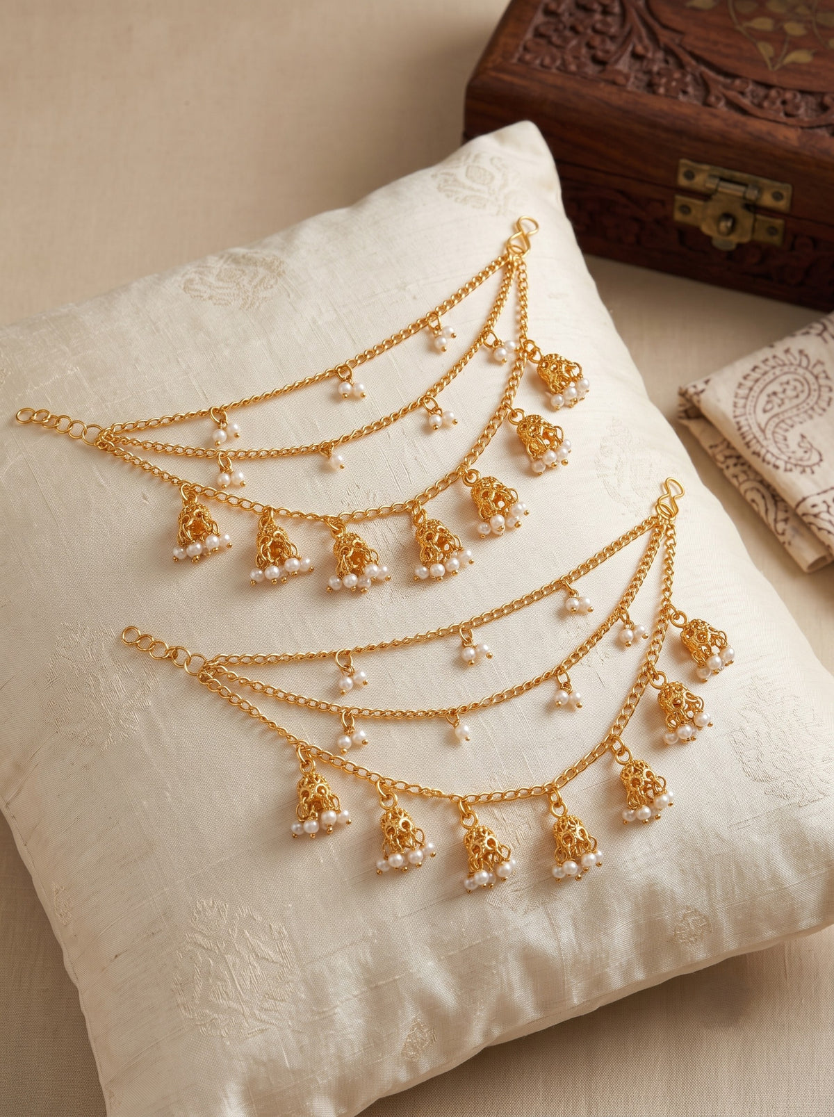 Gold-Plated White Pearl and attached jhumki 3 Layered Ear Chain for women