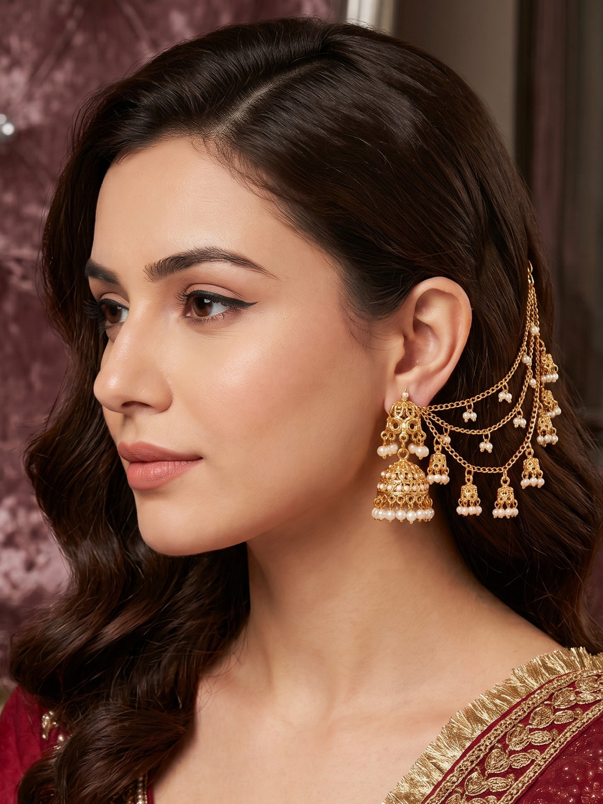 Gold-Plated White Pearl and attached jhumki 3 Layered Ear Chain for women