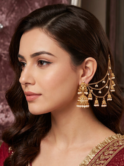 Gold-Plated White Pearl and attached jhumki 3 Layered Ear Chain for women