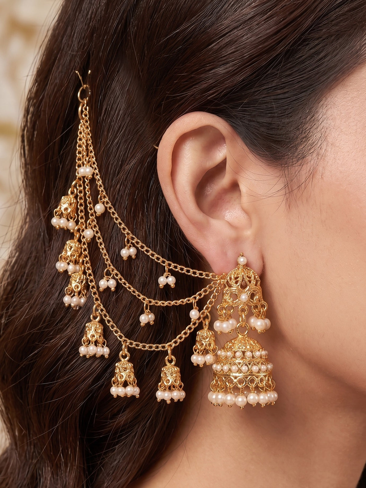 Gold-Plated White Pearl and attached jhumki 3 Layered Ear Chain for women