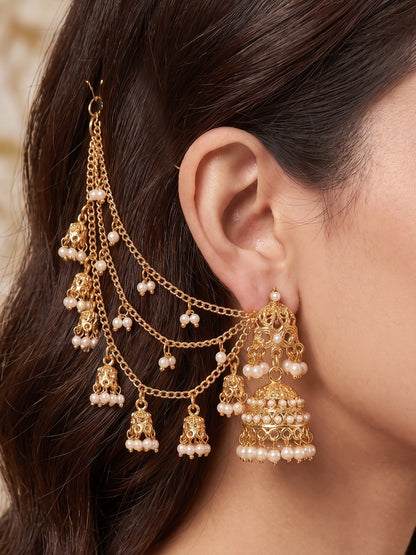 Gold-Plated White Pearl and attached jhumki 3 Layered Ear Chain for women