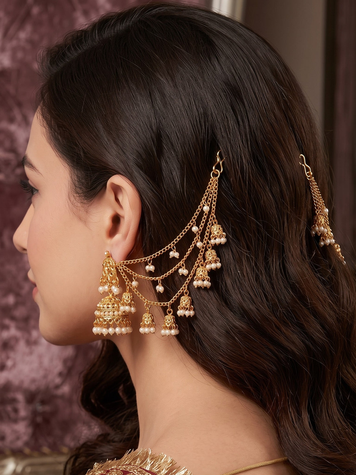 Gold-Plated White Pearl and attached jhumki 3 Layered Ear Chain for women