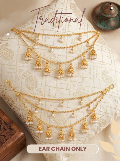 Gold-Plated White Pearl and attached jhumki 3 Layered Ear Chain for women