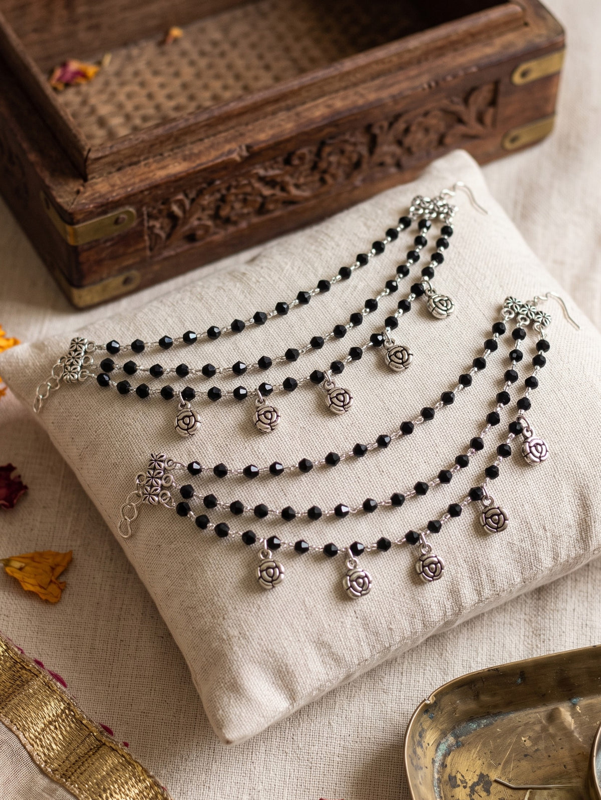 Oxidised Silver-Toned Black 3-Tier Beaded Ear Chain for Women