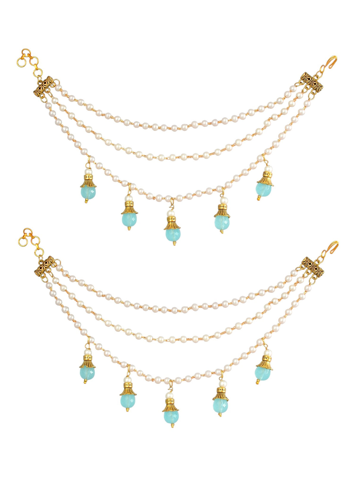 Gold-Toned Pearl & Blue Beaded Layered Ear Chain for Women