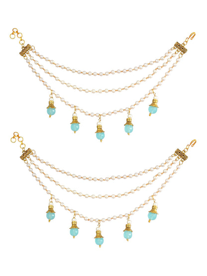 Gold-Toned Pearl & Blue Beaded Layered Ear Chain for Women