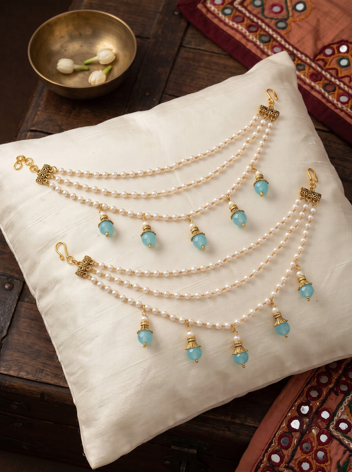 Gold-Toned Pearl & Blue Beaded Layered Ear Chain for Women