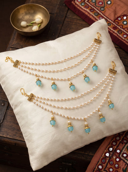 Gold-Toned Pearl & Blue Beaded Layered Ear Chain for Women