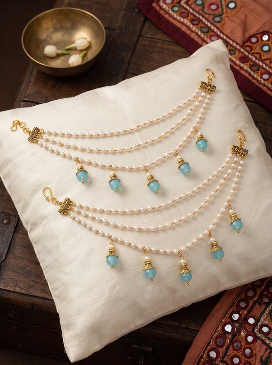 Gold-Toned Pearl & Blue Beaded Layered Ear Chain for Women