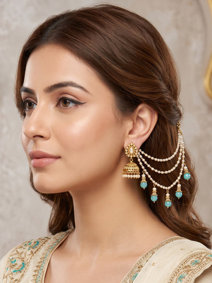 Gold-Toned Pearl & Blue Beaded Layered Ear Chain for Women