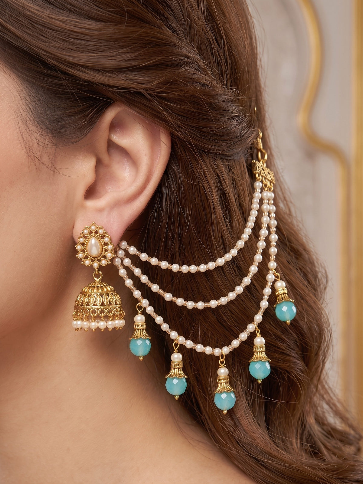 Gold-Toned Pearl & Blue Beaded Layered Ear Chain for Women