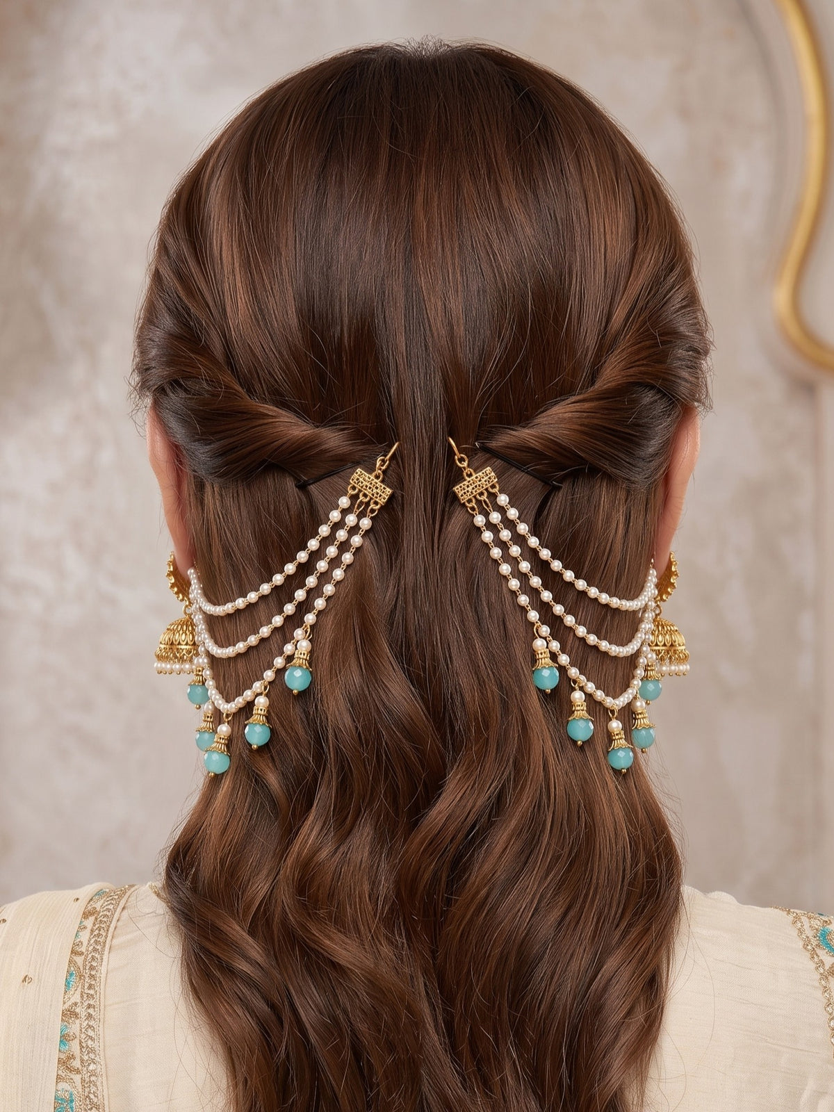 Gold-Toned Pearl & Blue Beaded Layered Ear Chain for Women