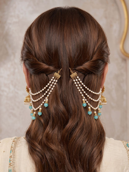 Gold-Toned Pearl & Blue Beaded Layered Ear Chain for Women