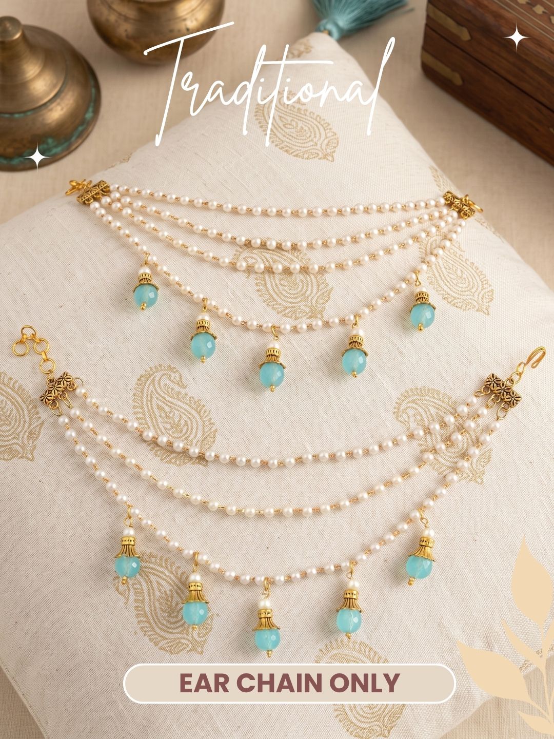 Gold-Toned Pearl & Blue Beaded Layered Ear Chain for Women