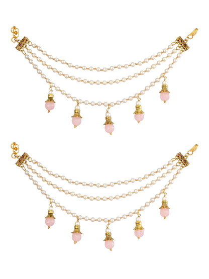Gold-Toned Pearl & Pink Beaded Layered Ear Chain for Women