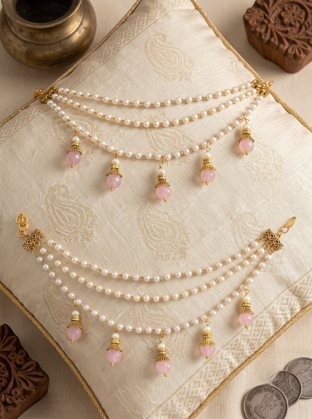 Gold-Toned Pearl & Pink Beaded Layered Ear Chain for Women
