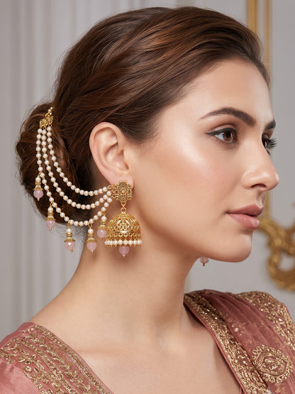 Gold-Toned Pearl & Pink Beaded Layered Ear Chain for Women