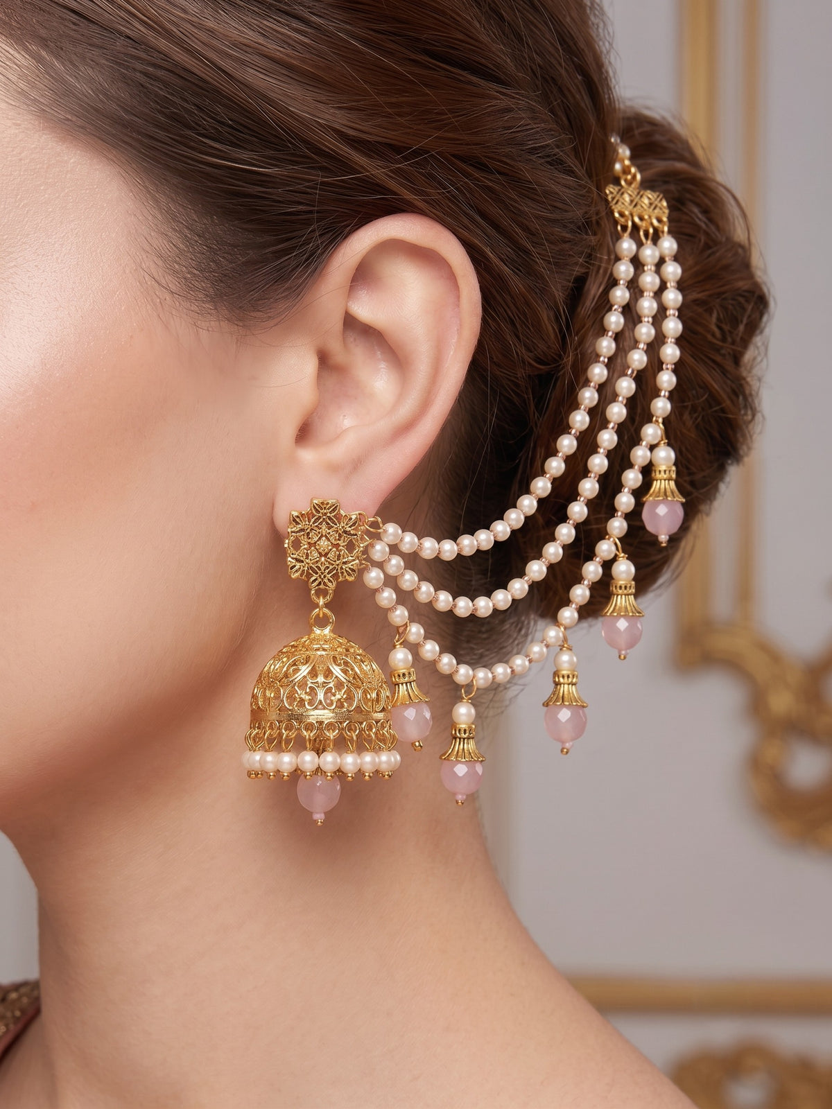 Gold-Toned Pearl & Pink Beaded Layered Ear Chain for Women