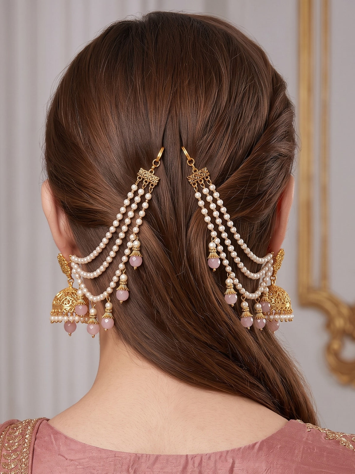 Gold-Toned Pearl & Pink Beaded Layered Ear Chain for Women