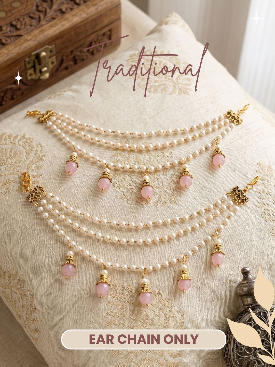 Gold-Toned Pearl & Pink Beaded Layered Ear Chain for Women