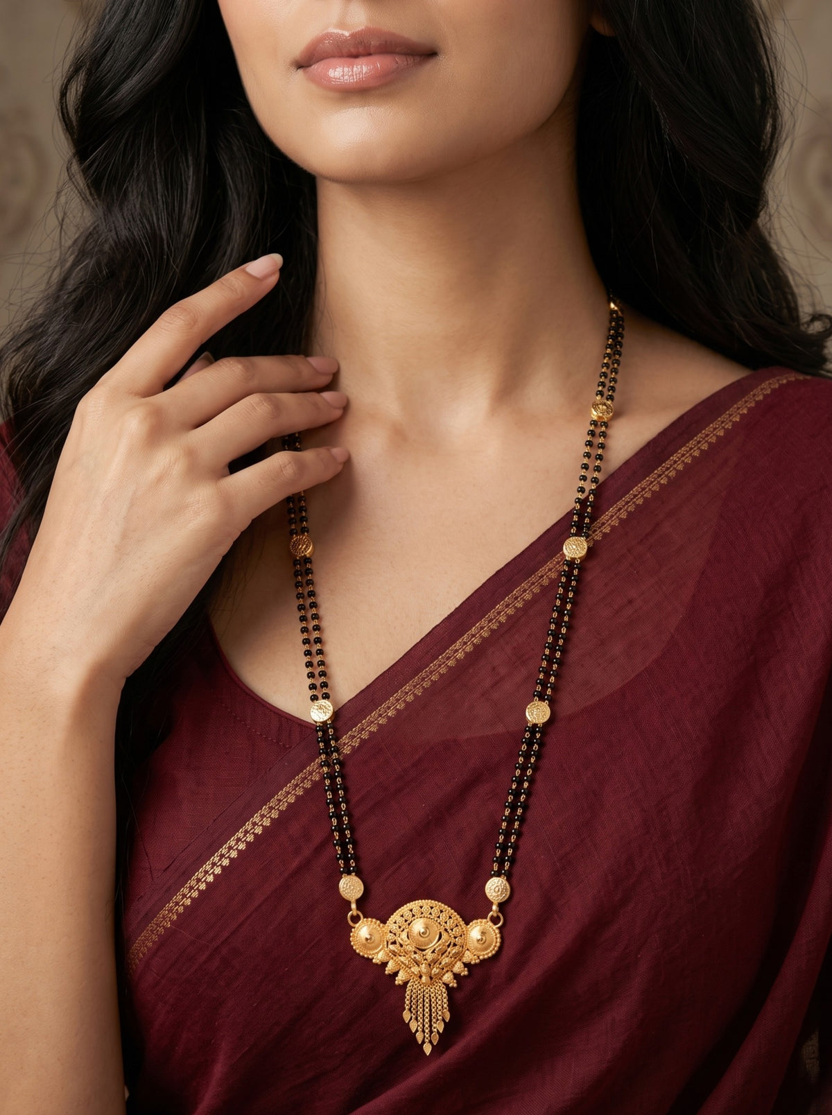 Premium Ethnic Long Double Chain Black Bead Mangalsutra for Women