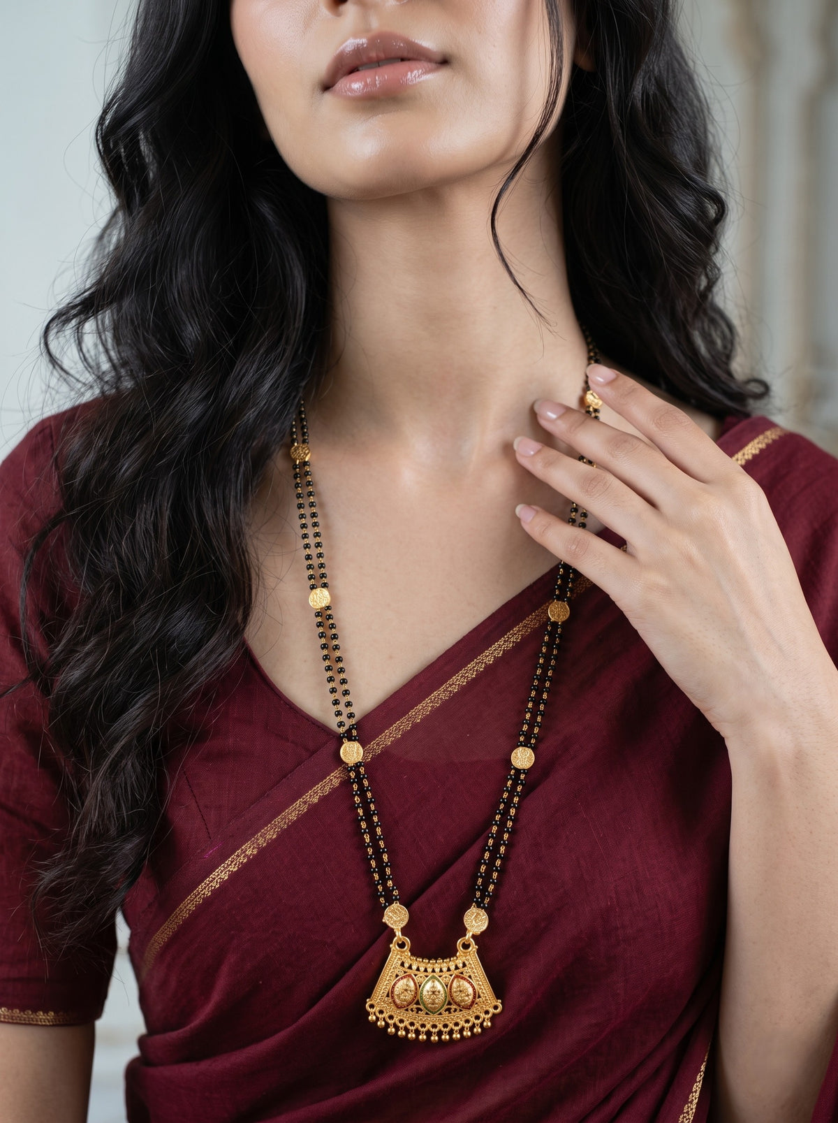 Premium Ethnic Long Double Chain Black Bead Mangalsutra for Women