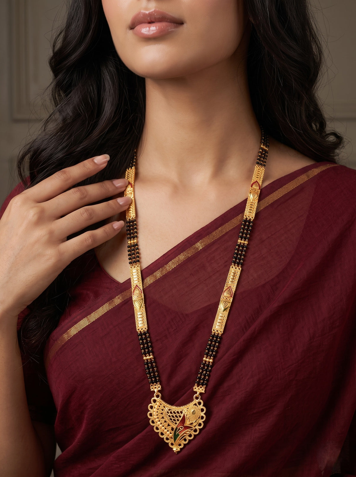 Premium Ethnic Long Double Chain Black Bead Mangalsutra for Women