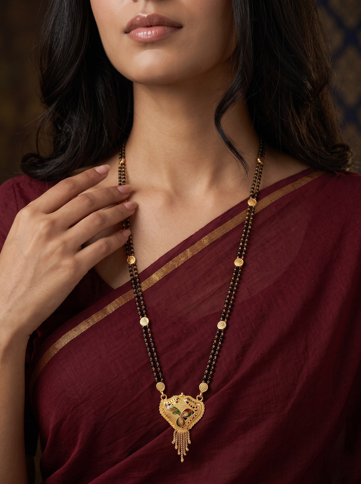 Premium Ethnic Long Double Chain Black Bead Mangalsutra for Women