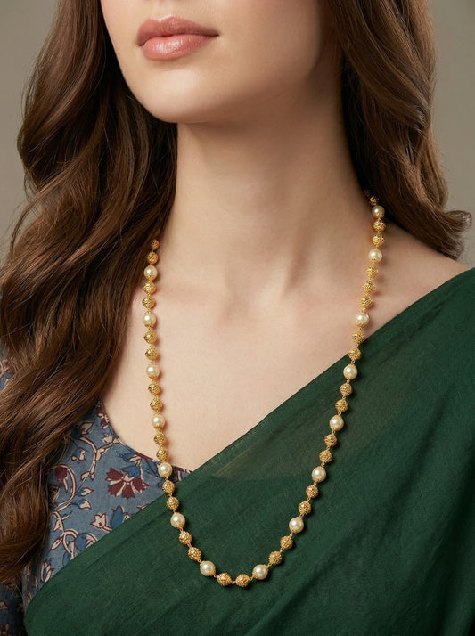 Meira Jewellery Traditional Gold Plated Dokiya Mala Necklace for Women Featuring Gold Beads and Elegant Green and Purple Pearl Accents, Perfect for Ethnic Festive and Wedding Jewellery