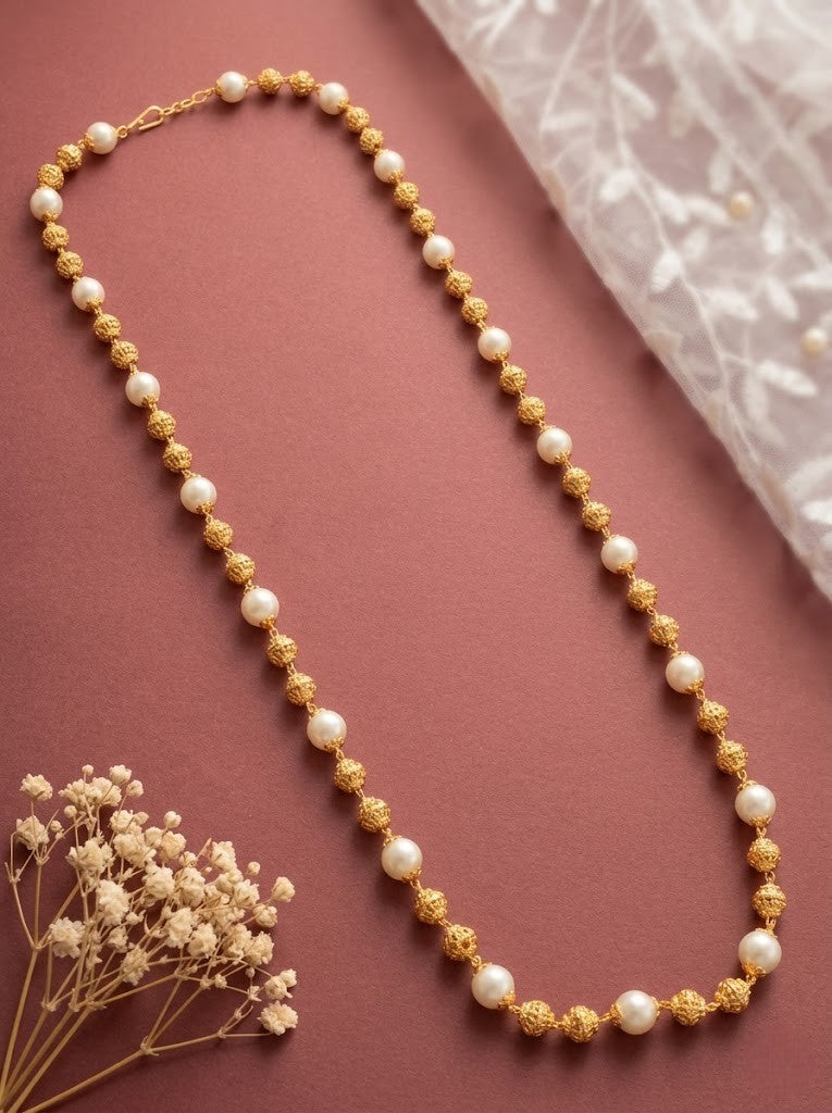 Meira Jewellery Traditional Gold Plated Dokiya Mala Necklace for Women Featuring Gold Beads and Elegant Green and Purple Pearl Accents, Perfect for Ethnic Festive and Wedding Jewellery
