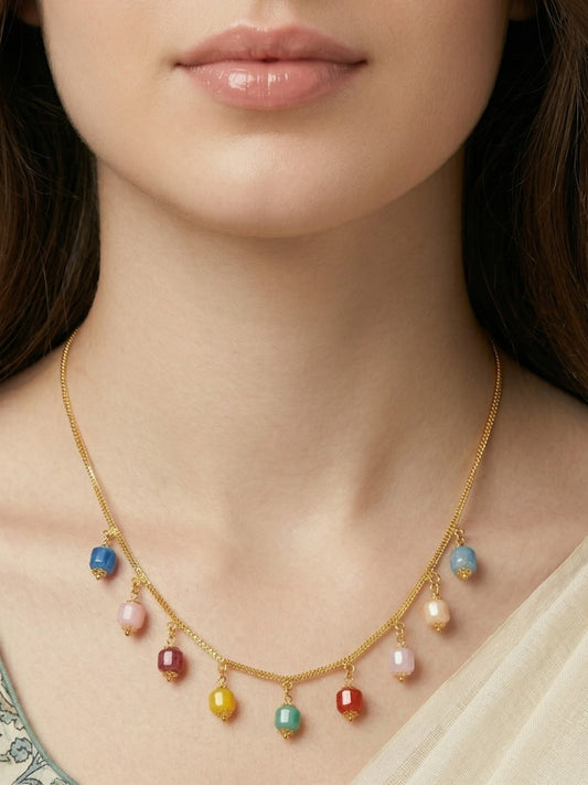 Meira Jewellery Traditional Gold Plated Dokiya Mala Necklace for Women Featuring Gold Beads and Elegant Green and Purple Pearl Accents, Perfect for Ethnic Festive and Wedding Jewellery