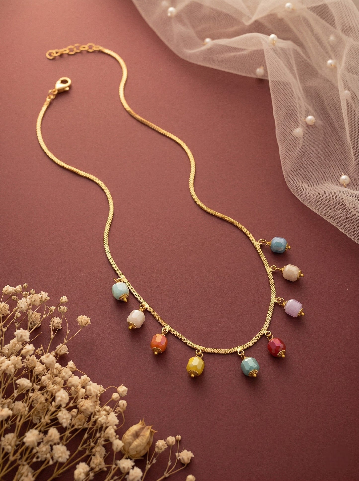 Meira Jewellery Traditional Gold Plated Dokiya Mala Necklace for Women Featuring Gold Beads and Elegant Green and Purple Pearl Accents, Perfect for Ethnic Festive and Wedding Jewellery