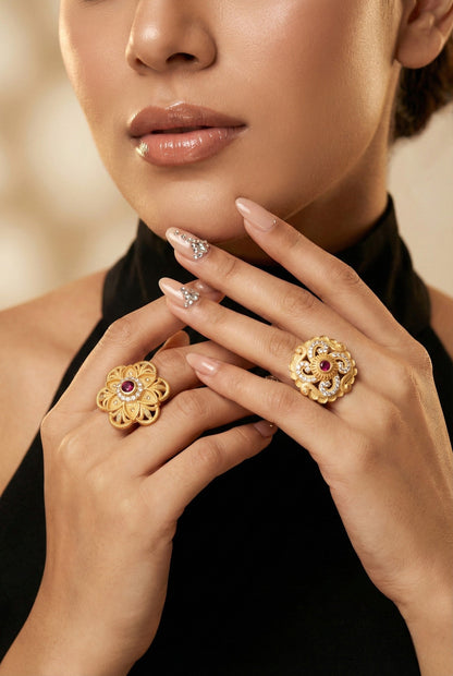 Combo set of 2-Floral Ruby AD Studded Gold Plated Adjustable Ring